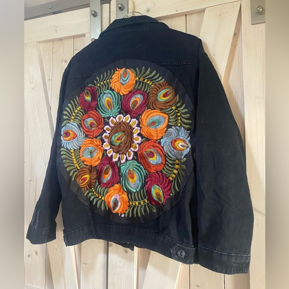 nwt jacket Boho Floral Embroidery - faded black denim jean charcoal coat flowers - Picture 15 of 16